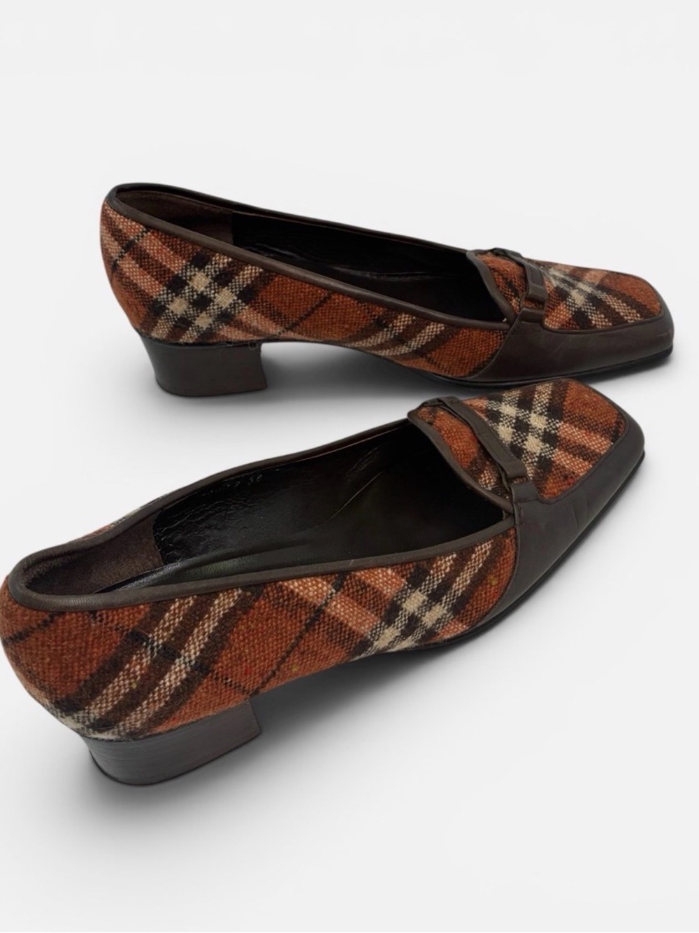 Burberry Orange Brown Plaid Leather-Trim Loafers - Picture 2 of 5